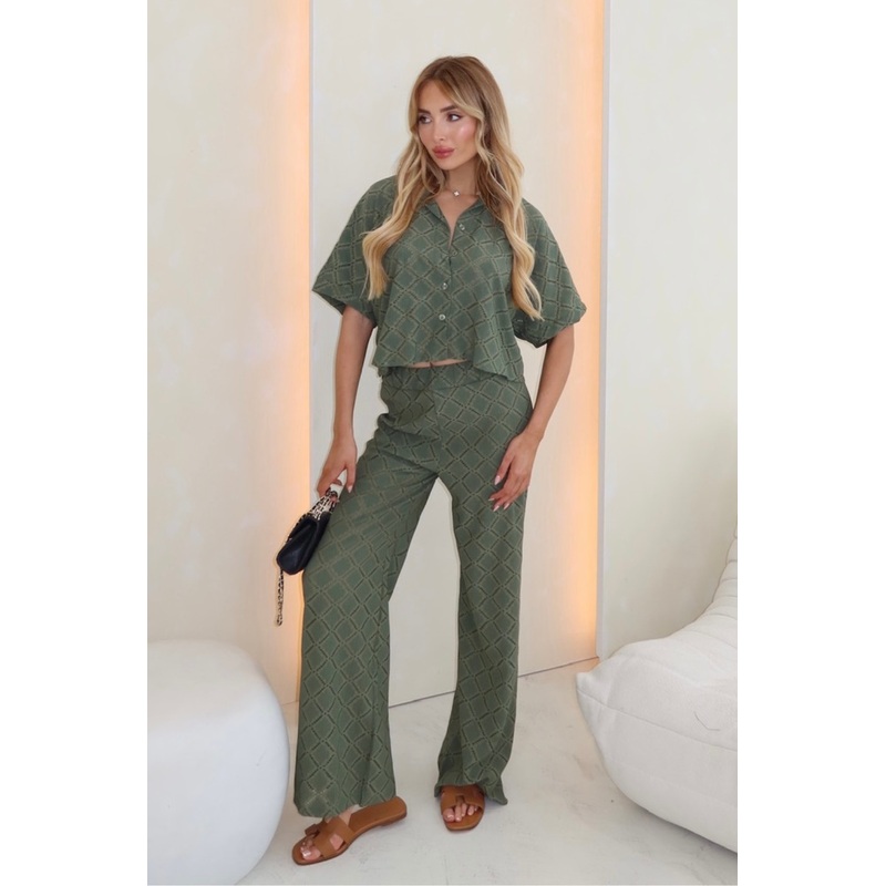 Andie khaki Broderie anglaise shirt trouser co-ord