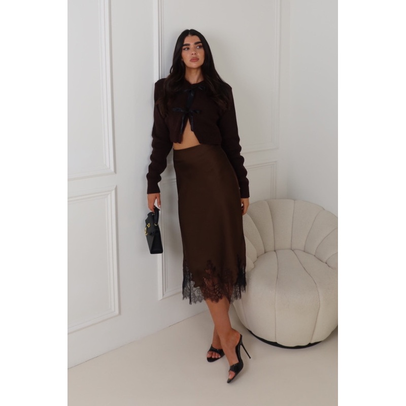 DRAYA CHOCOLATE LACE EDGED MIDI SATIN SLIP SKIRT