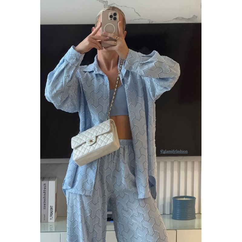 Mila blue satin shirt and trousers co-ord