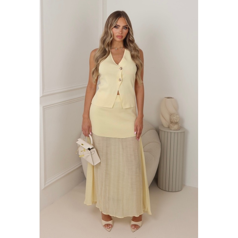 Sandy lemon knit waistcoat & pleated sheer maxi skirt