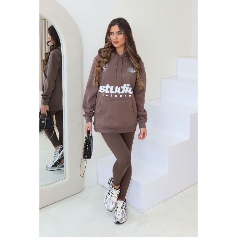 Studio leisure mocha printed drawstring hoodie