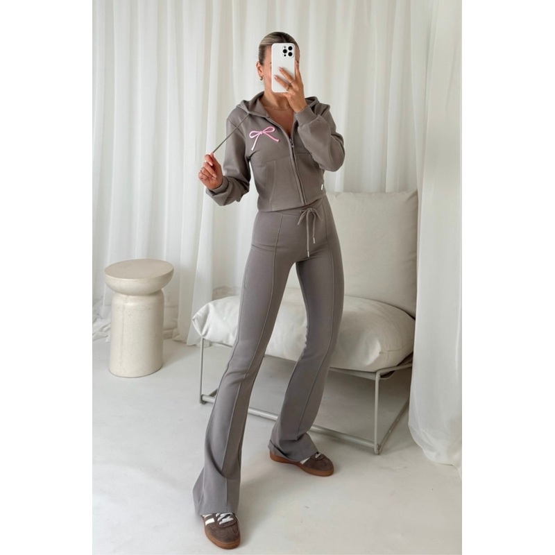 Bow embroidered slate grey cropped hoodie & flared leg jogger loungewear