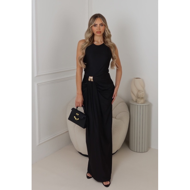 Malina black gold buckle draped dress