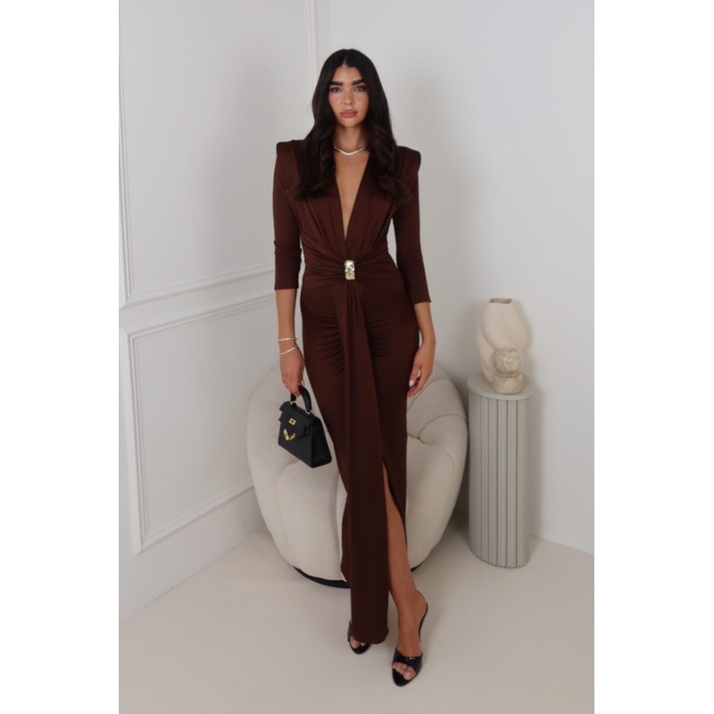 MONICA CHOCOLATE LONG DRAPE DRESS