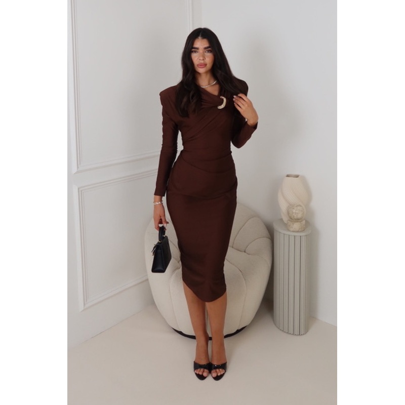 NIA CHOCOLATE LONG SHOULDER PADDED DRESS