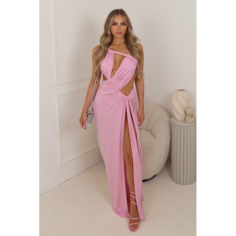 Pia pink asymmetric cut out split leg maxi dress