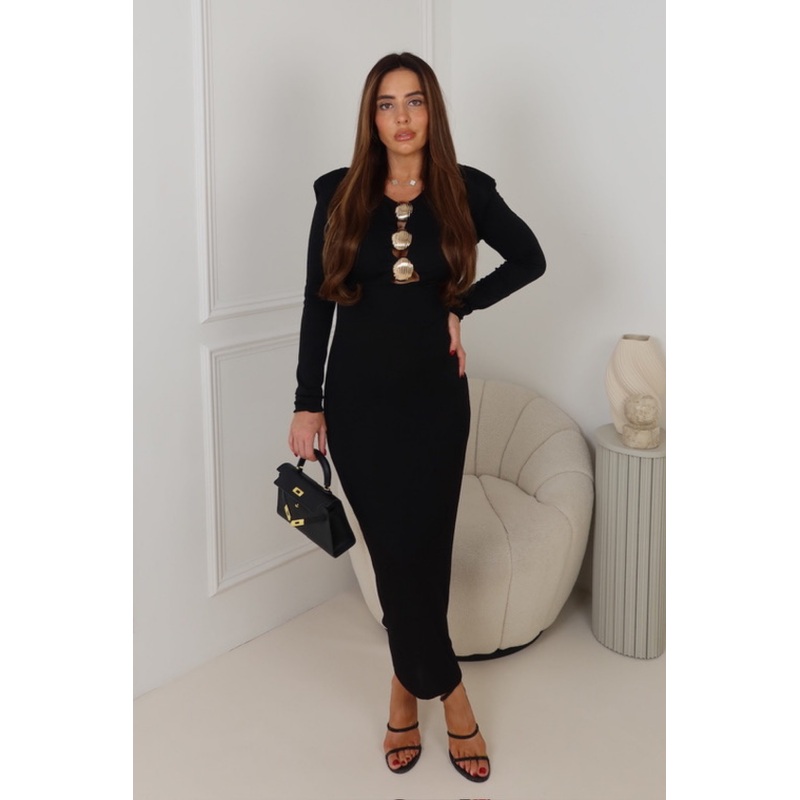 PIANA BLACK  GOLD BROOCH SHOULDER PAD  LONG DRESS