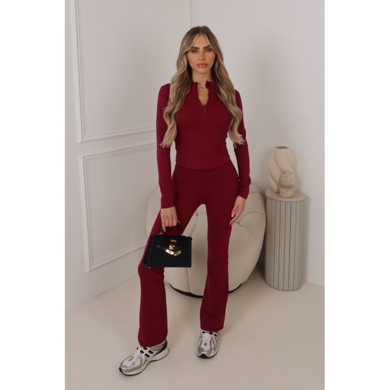 Rowen burgundy half zip and flares activewear set