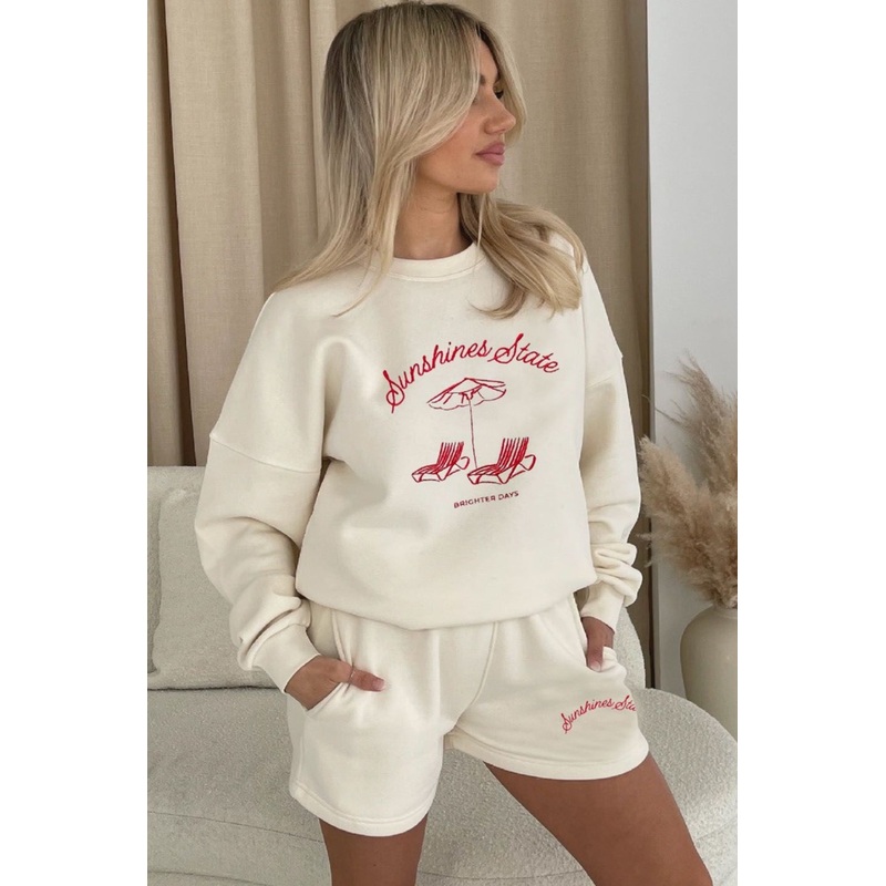 Sunshine state red ecru embroidered sweater shorts loungewear