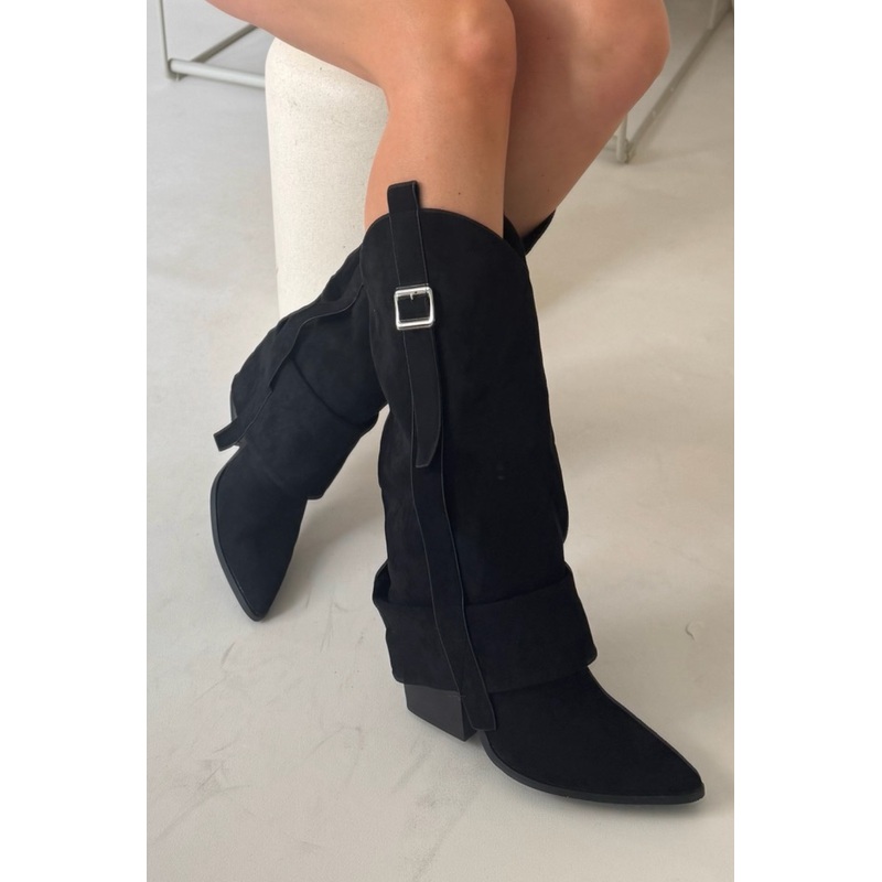 Joely black ruched heeled cowboy boots