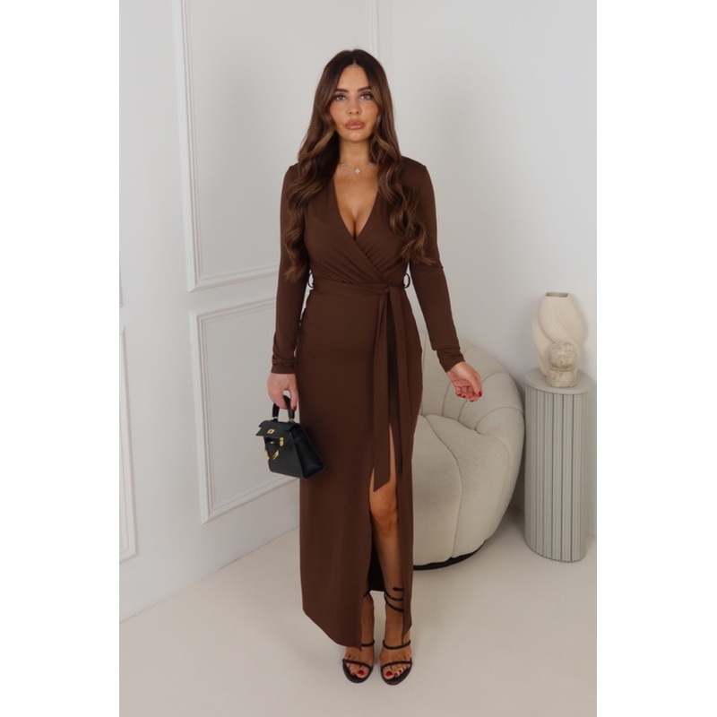 SHAPIRA CHOCOLATE MAXI BELTED LONG SLEEVE DRAPE DRESS