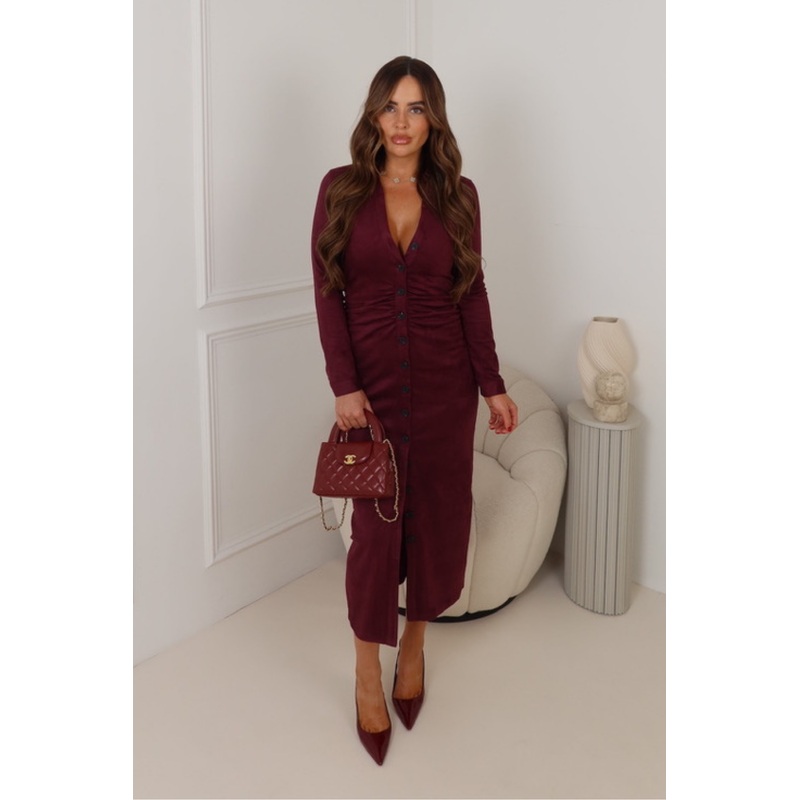 SIMONA BURGUNDY LONG FAUX SUEDE DRESSS