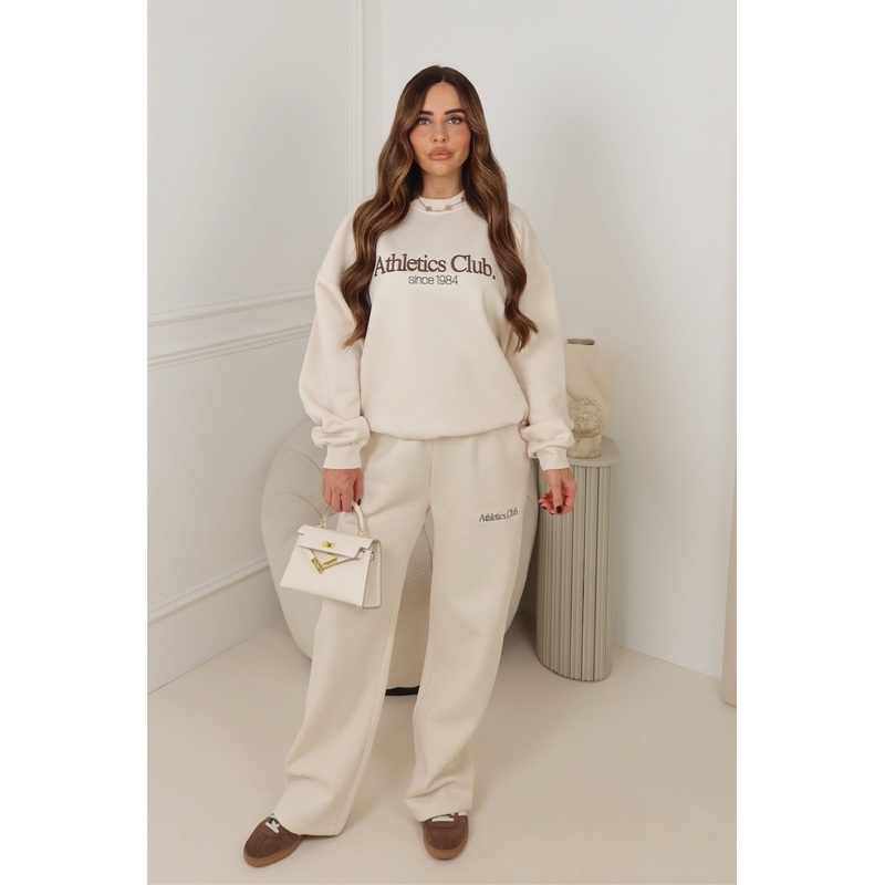 ATHLETICS CLUB IVORY EMBROIDERED SWEATER & STRAIGHT LEG TROUSERS LOUNGEWEAR