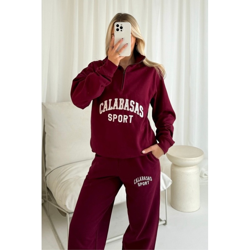 Calabasas burgundy and white embroidered 3/4 sweater joggers loungewear