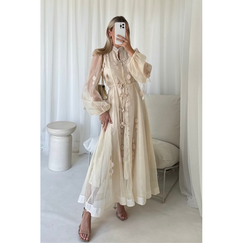 Sally beige sheer button detail maxi dress