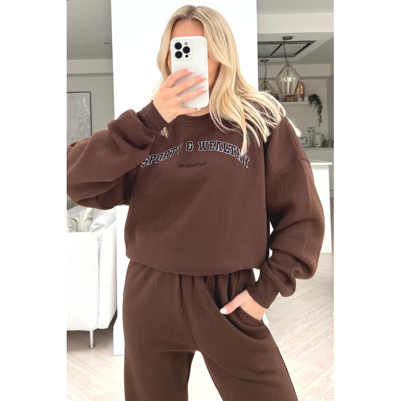 Sporty or whatever chocolate embroidered sweater loungewear set