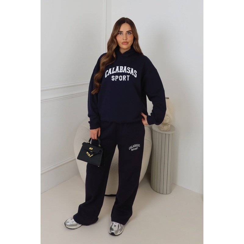 CALABASAS NAVY EMBROIDERED HOODIE & STRAIGHT LEG TROUSERS LOUNGEWEAR