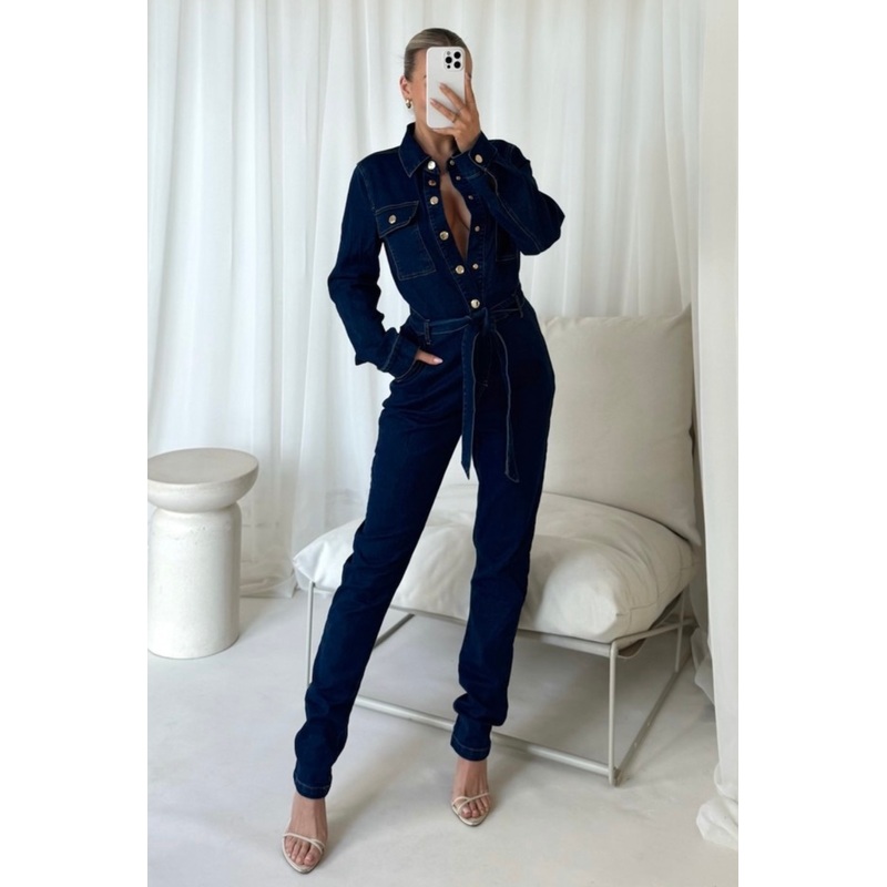 Danni dark denim belted jumpsuit