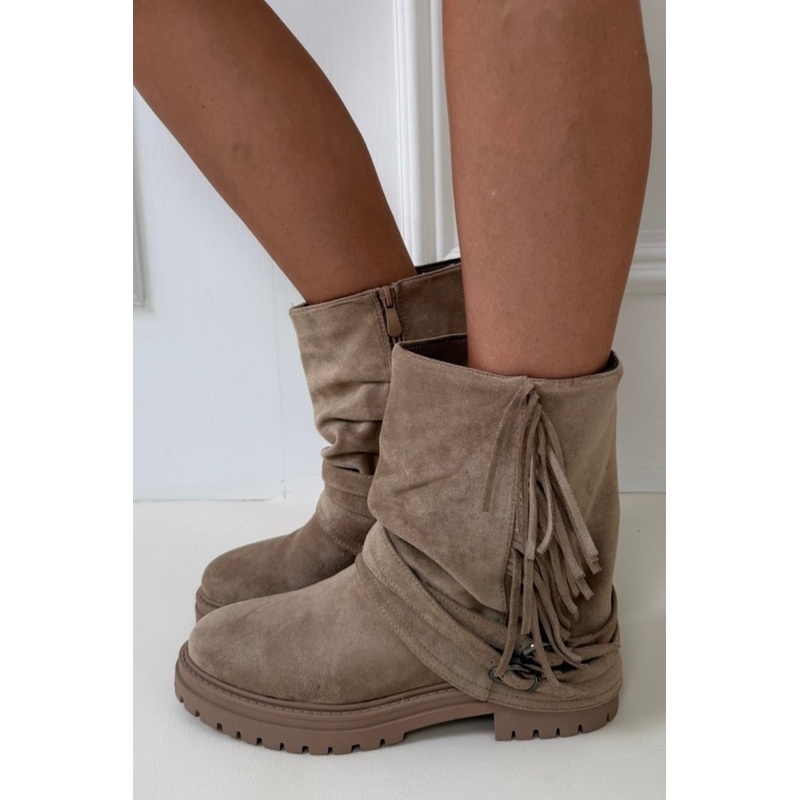 Florence Beige Tassel Faux Suede Flat boot