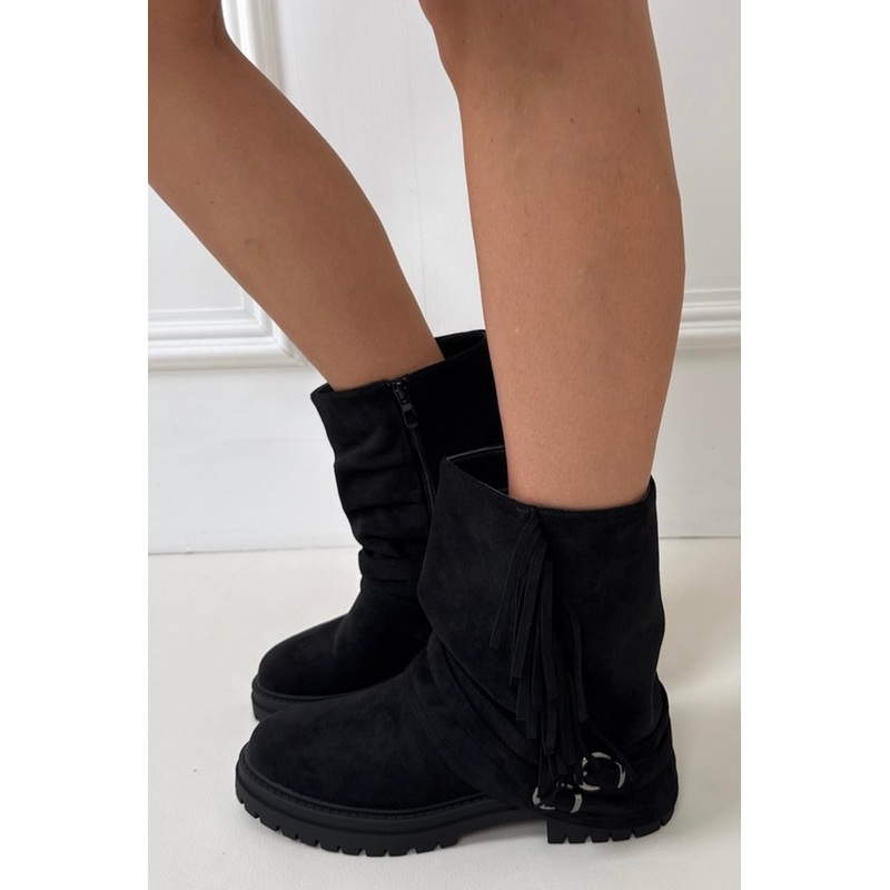 Florence Black Tassel Faux Suede Flat boot