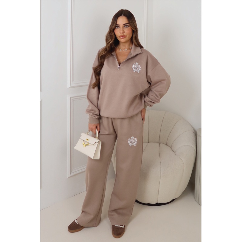 ST MORITZ MOCHA EMBROIDERED 3/4 ZIP & STRAIGHT LEG TROUSERS LOUNGEWEAR