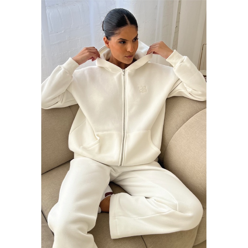 Ivory embroidered logo zip hoodie