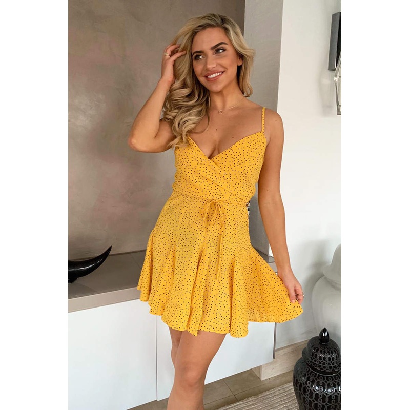 Yellow Polka Dot Wrap Skater Dress