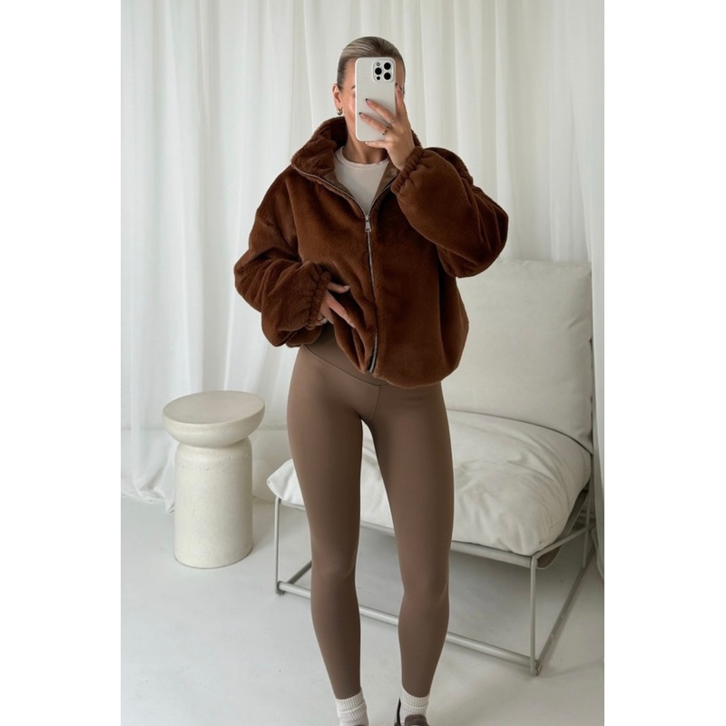Ivy camel faux fur bomber jacket