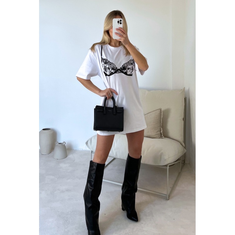 Lace bra white printed T-shirt dress
