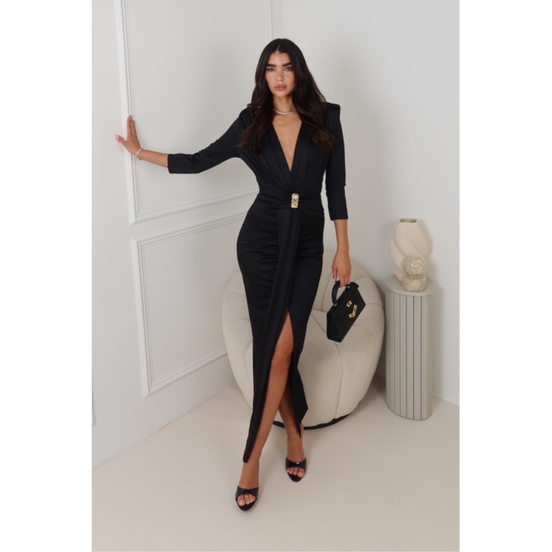 MONICA BLACK LONG DRAPE DRESS
