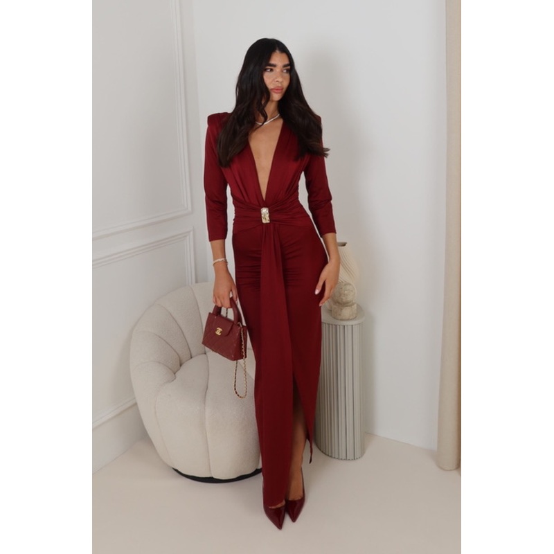 MONICA BURGUNDY LONG DRAPE DRESS