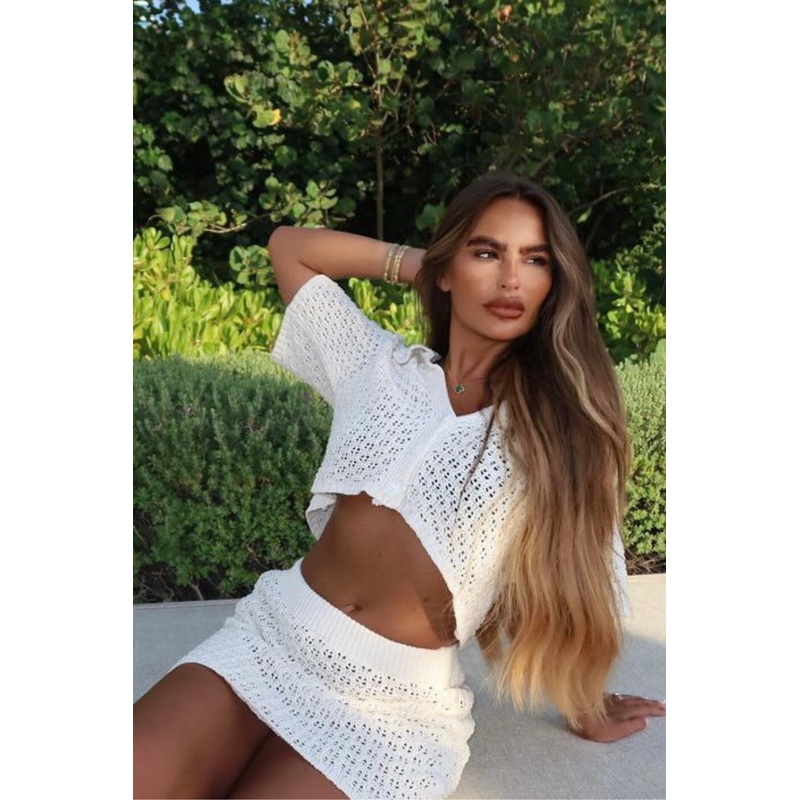 River cream crochet cardigan mini skirt co-ord