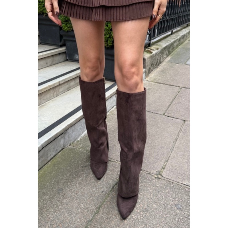 Brooke chocolate faux suede knee high heeled boots