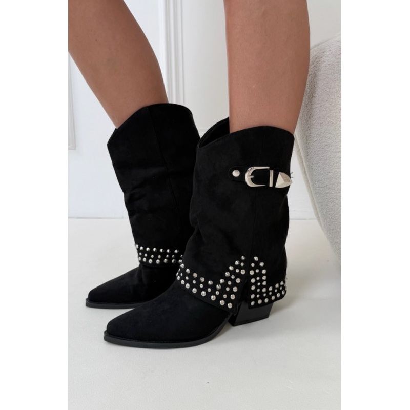 Cassi black stud detail fold over heeled cowboy boots