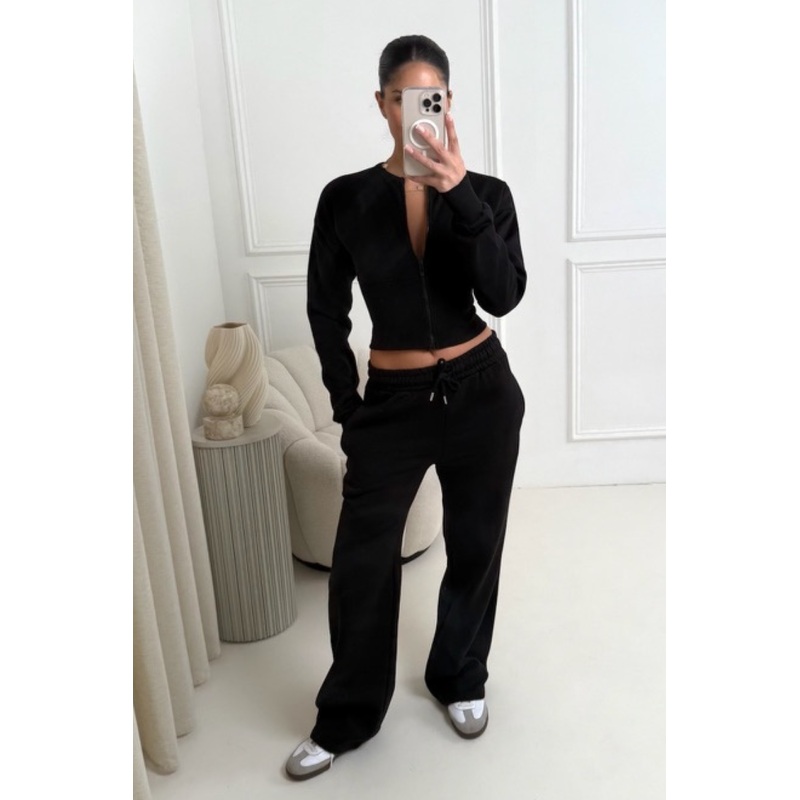 Dolly black cinched waist sweatshirt & straight leg jogger loungewear