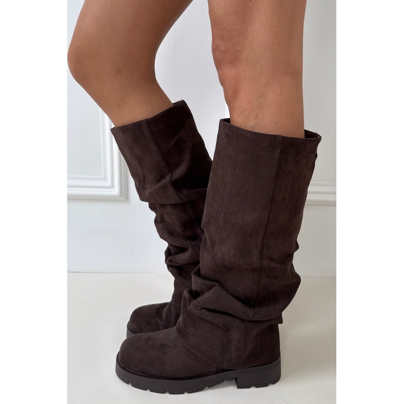 Emilia brown faux suede ruched fold over flat boots