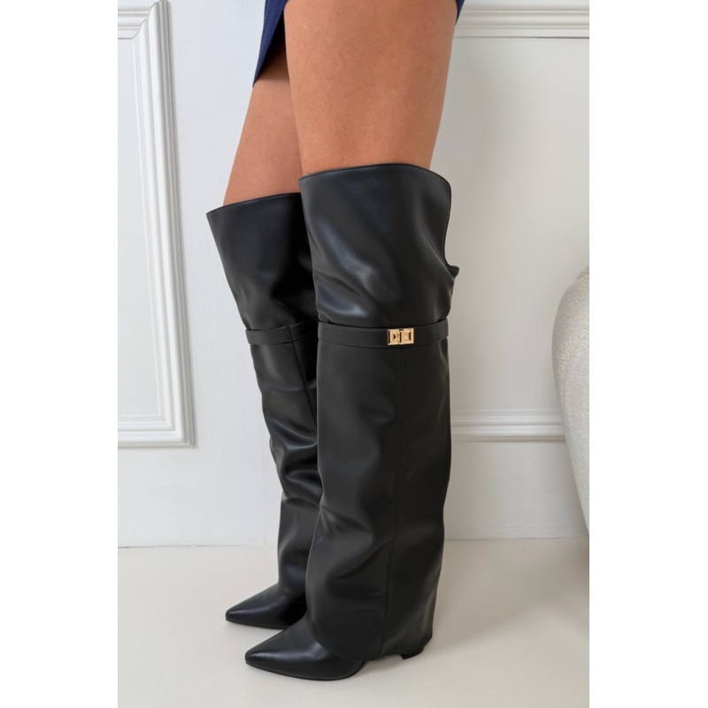 KRISTIE BLACK FAUX LEATHER BOOTS