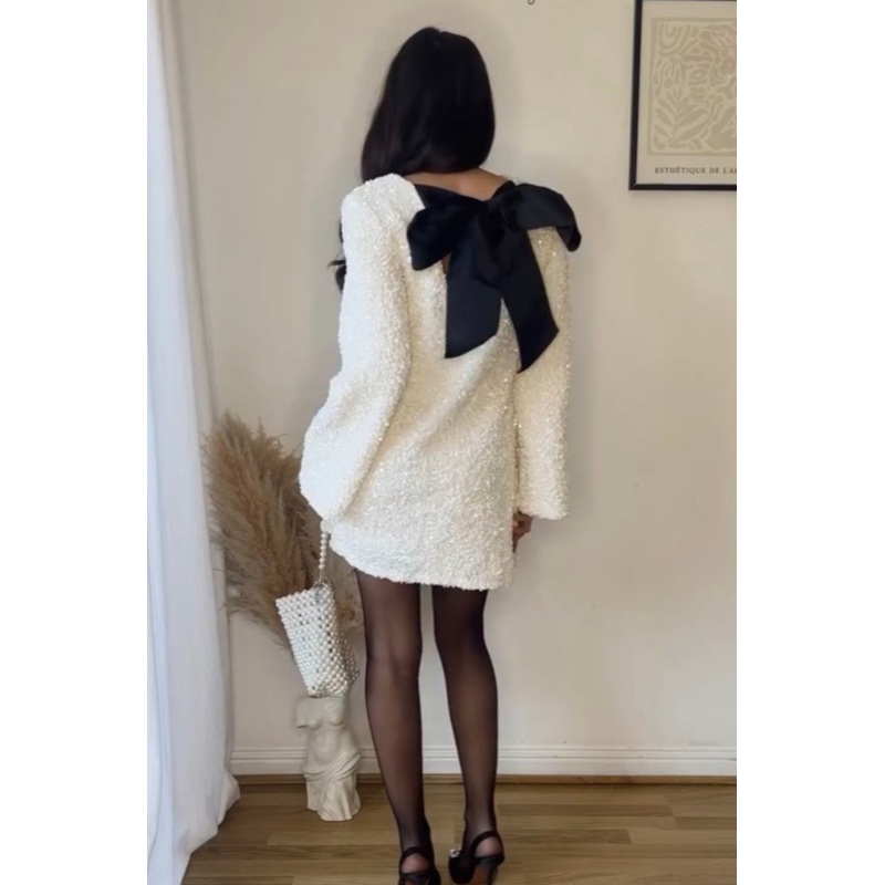 Melissa cream sequin bow shift dress