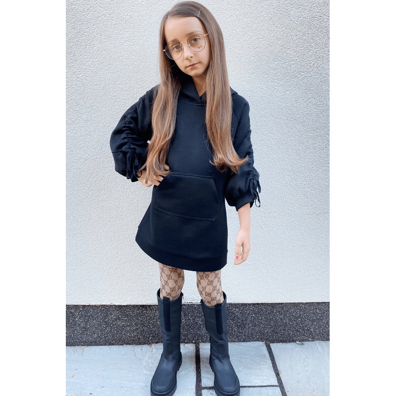 Mini LULU Black Rouched Tie Sleeve Hoodie