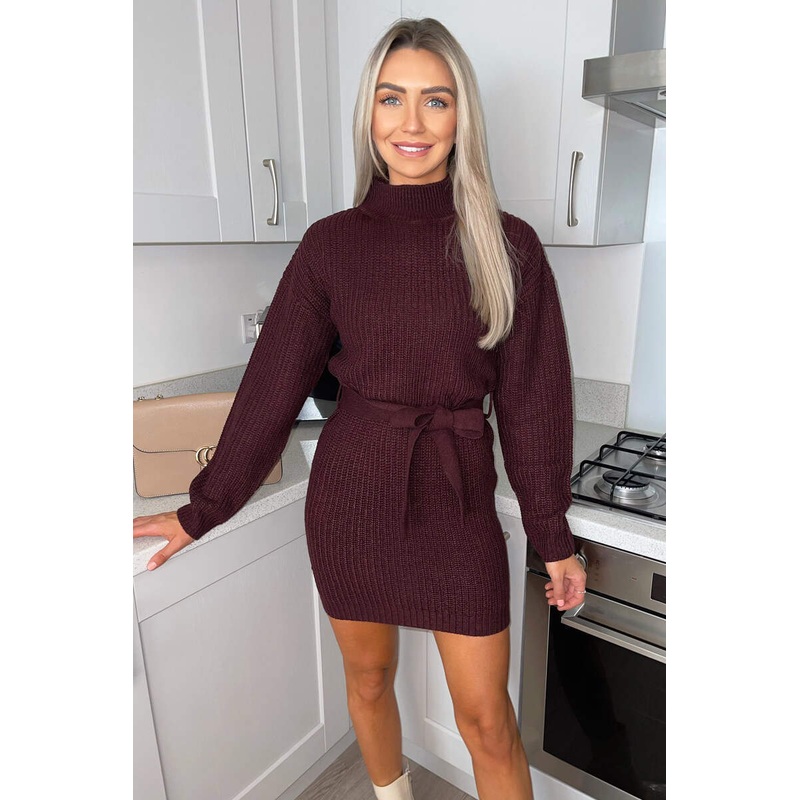 Wine High Neck Belted Knitted Jumper Dress