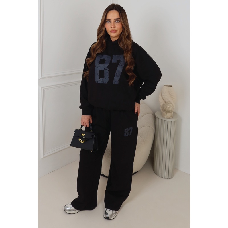 87 BLACK PRINTED HOODIE AND STRAIGHT LEG LOUNGEWEAR