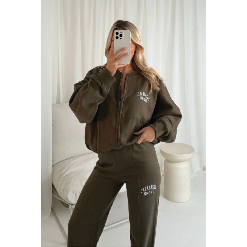Calabasas khaki embroidered bomber jogger loungewear