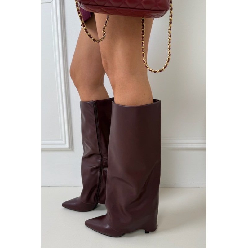 CORA BURGUNDY FAUX LEATHER HIGH HEELED BOOTS