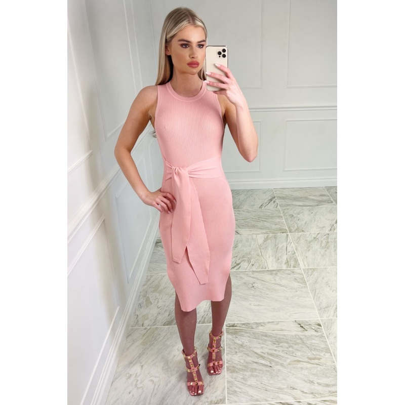 Georgia PINK round neck ribbed midi dress