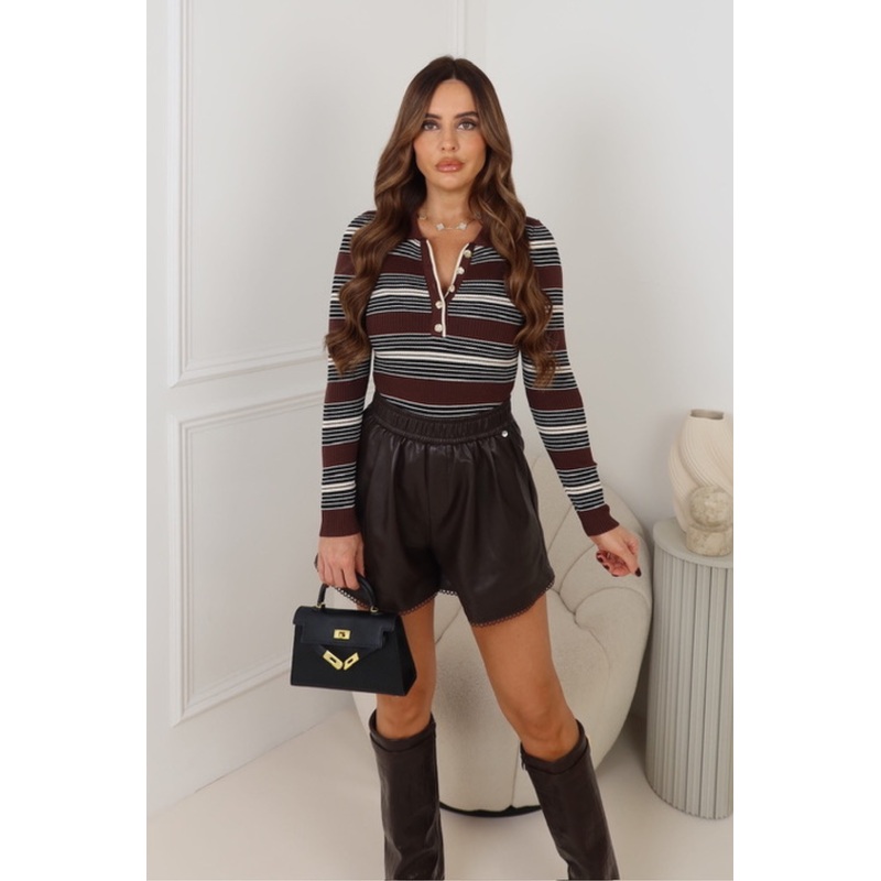 IRIS CHOCOLATE STRIPED GOLD BUTTON BODYSUIT