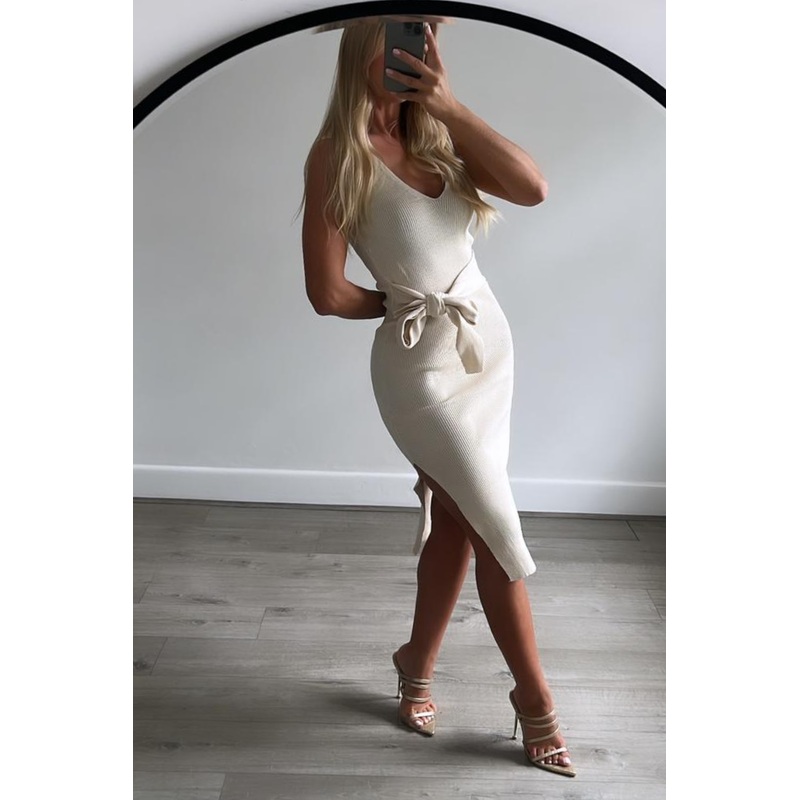 luenna CREAM tie waist ribbed dress