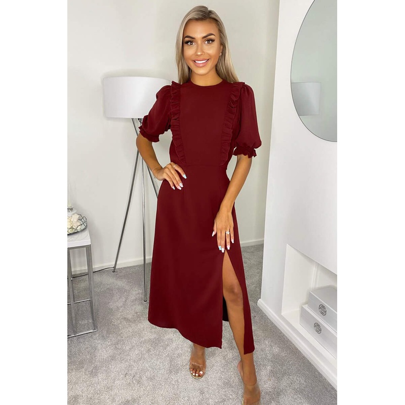 Wine Ruffle Split Leg Midi Dress