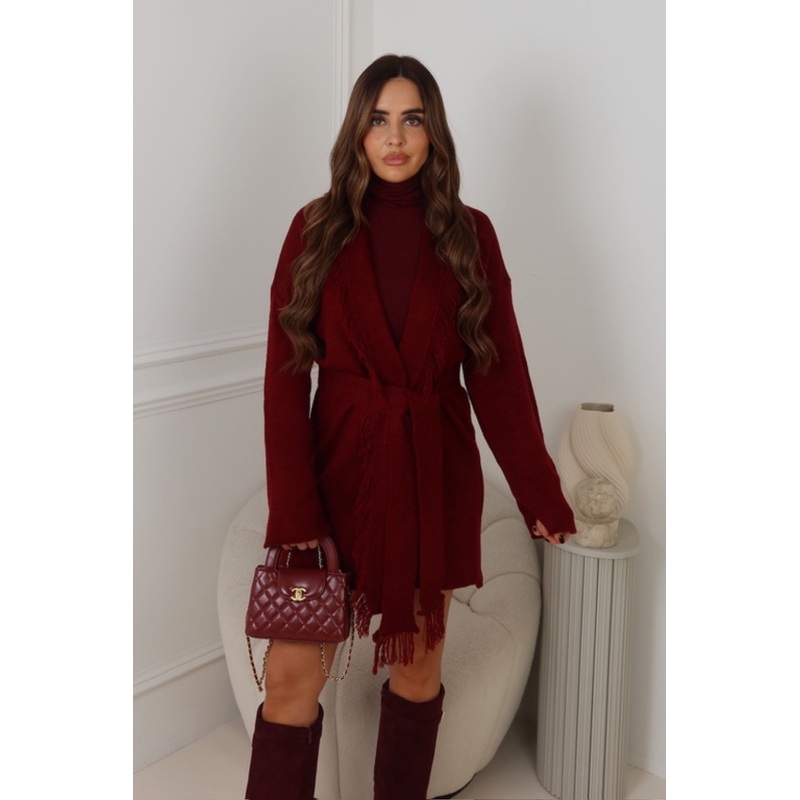 ANGELINA BURGUNDY FRINGED CARDIGAN