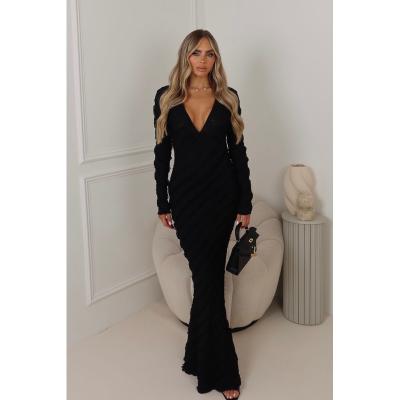Kalli black crinkle lace maxi dress