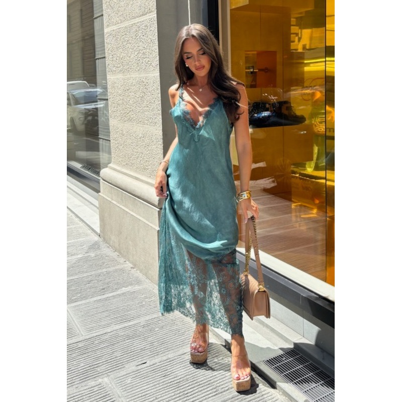 Tiah forest green satin lace trim maxi dress